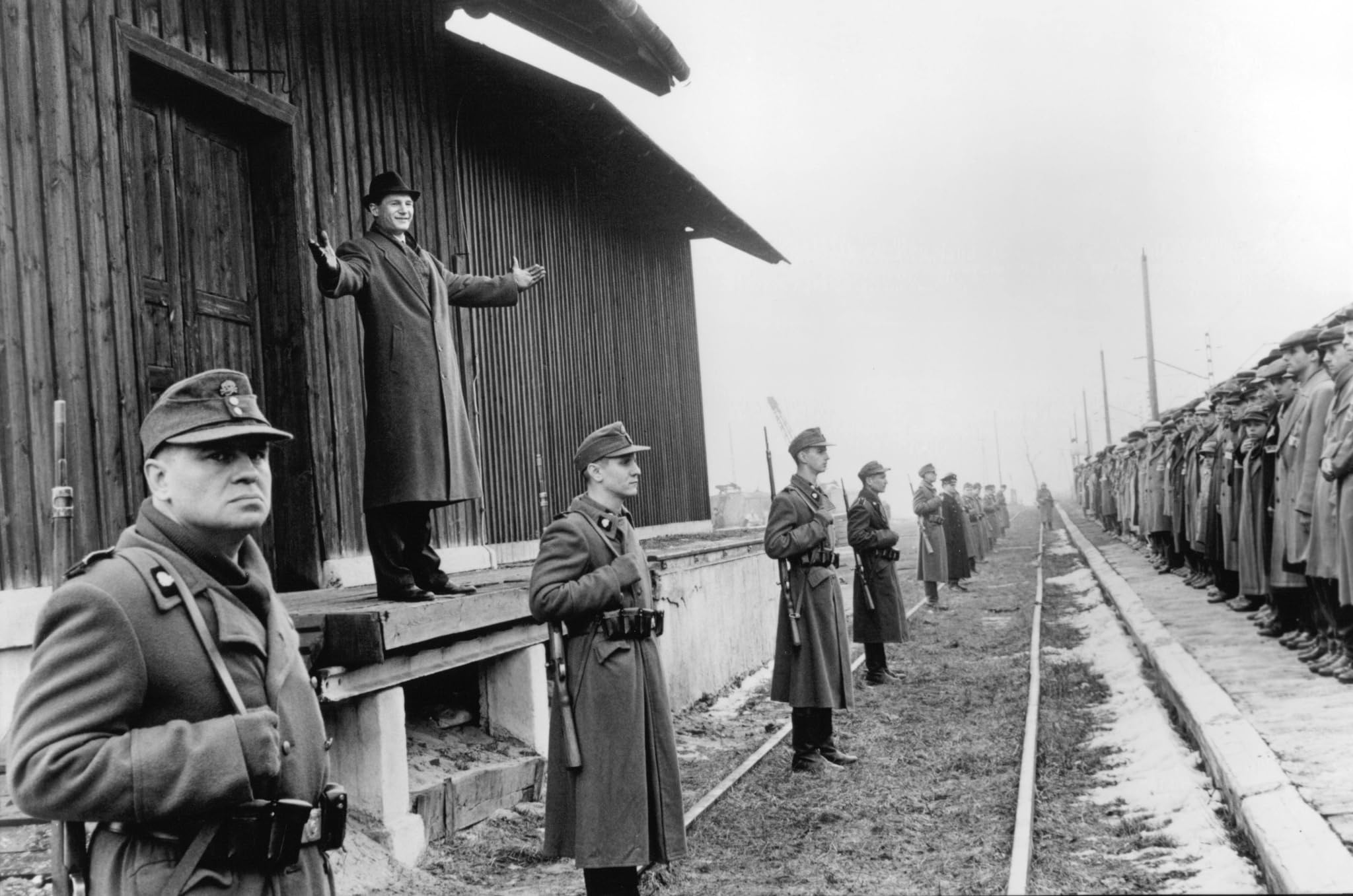 Schindler's List still of Oskar Schindler arriving in occupied Krakow